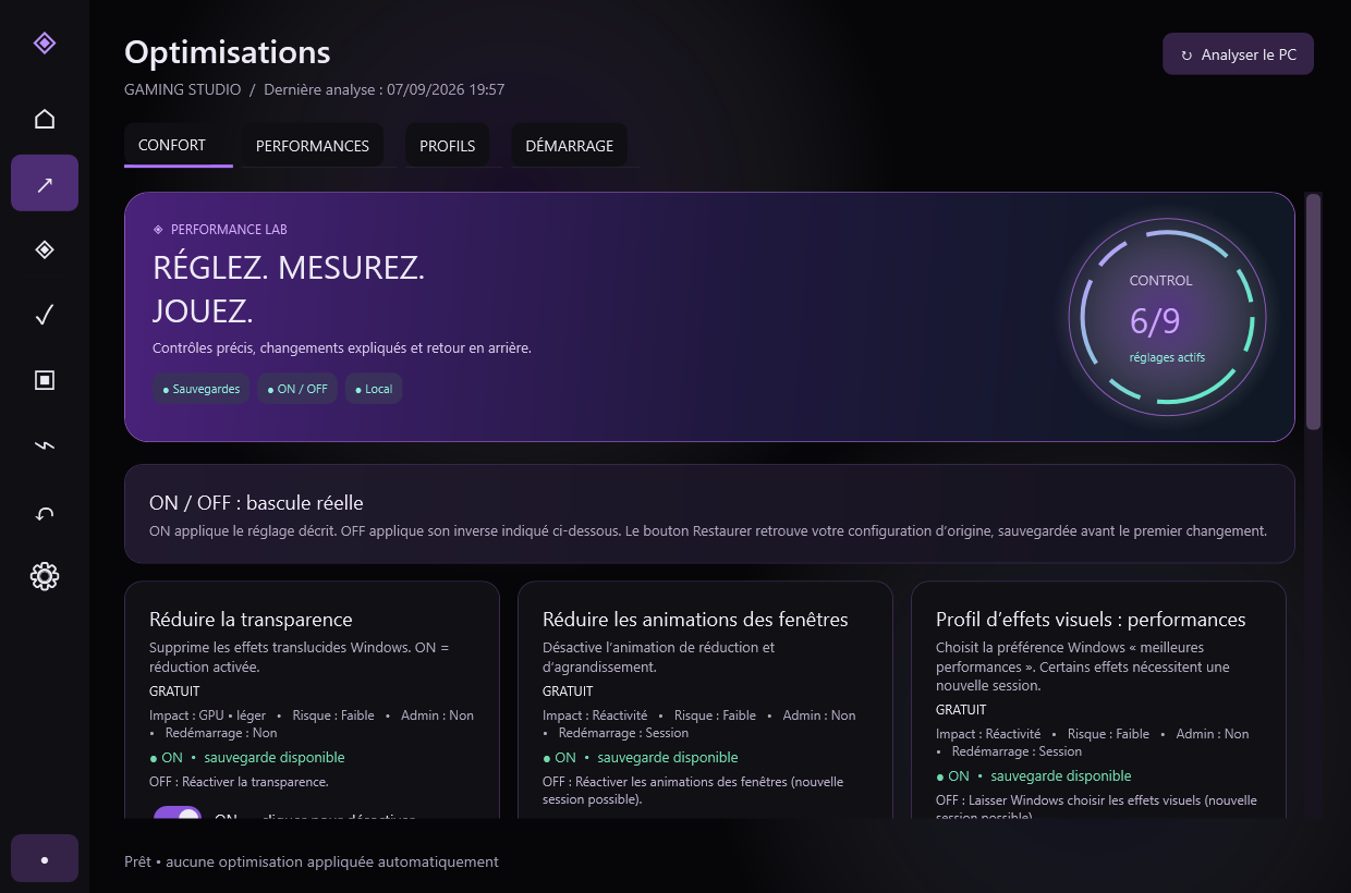Capture de l’application FPS Valoria avec ses cartes de réglages et interrupteurs